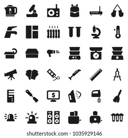 Flat vector icon set - broom vector, water tap, sponge, steaming, spatula, mixer, toaster, double boiler, thermometer, ruler, drawing compass, backpack, telescope, microscope, monitor dollar, radio