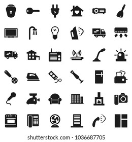 Flat vector icon set - broom vector, iron, steaming, skimmer, cottage, apartments, key, bath, cushioned furniture, relocation truck, love home, fireplace, building, power plug, fridge, siren, oven
