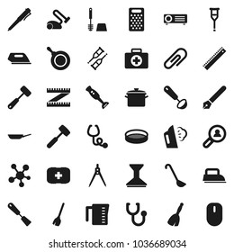Flat vector icon set - broom vector, car fetlock, steaming, toilet brush, pan, measuring cup, spatula, ladle, meat hammer, grater, blender, sieve, pen, ruler, drawing compass, first aid kit, iron