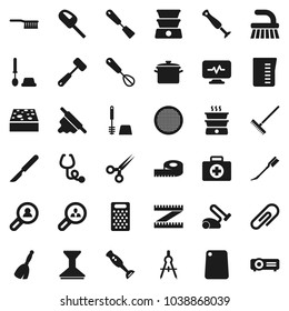 Flat vector icon set - broom vector, fetlock, rake, sponge, car, toilet brush, pan, measuring cup, whisk, spatula, rolling pin, meat hammer, cutting board, grater, blender, sieve, drawing compass