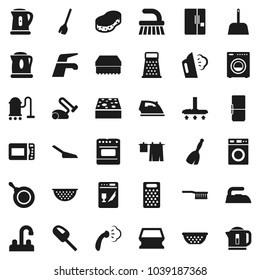 Flat vector icon set - broom vector, water tap, vacuum cleaner, fetlock, scoop, sponge, iron, steaming, drying clothes, washer, pan, kettle, colander, grater, fridge, dishwasher, microwave oven