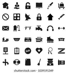 Flat vector icon set - broom vector, vacuum cleaner, water tap, colander, cutting board, oven, book, arrow up, barbell, measuring, clipboard, jump rope, horizontal bar, roller Skates, heart cross