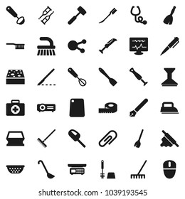 Flat vector icon set - broom vector, fetlock, rake, sponge, car, toilet brush, colander, whisk, spatula, ladle, rolling pin, meat hammer, cutting board, pen, measuring, first aid kit, social media