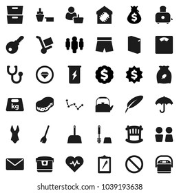 Flat vector icon set - broom vector, scoop, sponge, toilet brush, washing powder, water closet, kettle, toaster, cereal, pen, archive, constellation, money bag, man, dollar medal, scales, shorts