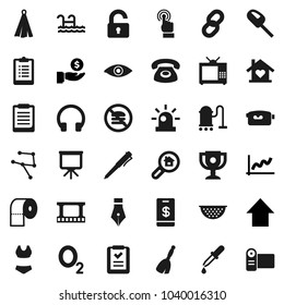 Flat vector icon set - broom vector, vacuum cleaner, toilet paper, colander, towel, pen, clipboard, award cup, presentation, graph, investment, arrow up, swimsuite, no fastfood, oxygen, film frame
