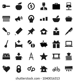 Flat vector icon set - broom vector, sponge, pan, whisk, cookbook, pencil, drawing compass, pen, notebook pc, exchange, piggy bank, case, diet, bike, package, sorting, film frame, loudspeaker, pills