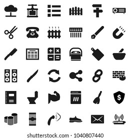 Flat vector icon set - broom vector, steaming, toilet, cook press, knife, cutting board, pasta, copybook, pen, schedule, magnet, coin stack, dollar shield, muscule hand, snickers, phone, scissors
