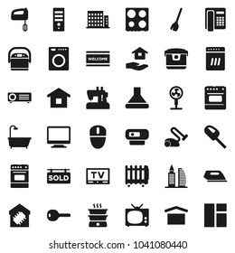Flat vector icon set - broom vector, welcome mat, house hold, oven, dry cargo, tv, sold signboard, apartments, office building, key, bath, smart home, iron, washer, dishwasher, mixer, hood, monitor