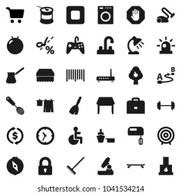Flat vector icon set - broom vector, rake, sponge, drying clothes, water tap, skimmer, turk coffee, case, microscope, table lamp, compass, exchange, cart, target, barbell, fitball, skateboard, clock