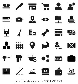 Flat vector icon set - broom vector, knife, cookbook, certificate, manager, case, muscule hand, breads, bone, map pin, wood box, consolidated cargo, video camera, speaking man, eye, scalpel, folder