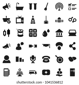 Flat vector icon set - broom vector, scoop, sponge, pan, mushroom, potato, graduate hat, school building, bus, exam, university, japanese candle, sports nutrition, molecule, first aid kit, client