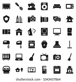 Flat vector icon set - broom vector, mop, steaming, skimmer, tv, house, chalet, office building, cushioned furniture, relocation truck, home protect, fridge, mixer, hood, multi cooker, monitor
