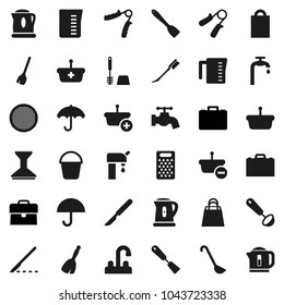 Flat vector icon set - broom vector, bucket, water tap, car fetlock, toilet brush, kettle, measuring cup, spatula, ladle, grater, sieve, case, hand trainer, umbrella, scalpel, supply, shopping bag