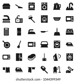 Flat vector icon set - broom vector, vacuum cleaner, fetlock, scoop, sponge, iron, steaming, drying clothes, washer, sink, water tap, pan, kettle, colander, grater, microwave oven, fridge