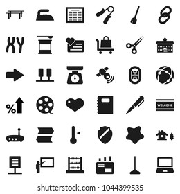 Flat vector icon set - broom vector, mop, splotch, welcome mat, iron, scales, thermometer, copybook, university, blackboard, pen, schedule, abacus, percent growth, hand trainer, horizontal bar, link