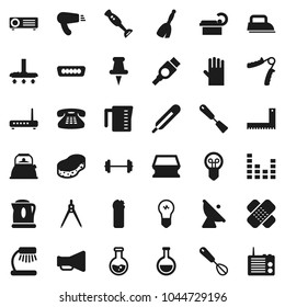 Flat vector icon set - broom vector, vacuum cleaner, sponge, cleaning agent, rubber glove, kettle, measuring cup, whisk, spatula, blender, corner ruler, drawing compass, table lamp, flask, barbell
