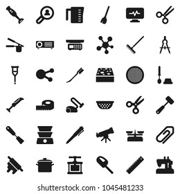 Flat vector icon set - broom vector, rake, sponge, car fetlock, toilet brush, pan, colander, measuring cup, cook press, spatula, rolling pin, meat hammer, blender, sieve, ruler, drawing compass, pen