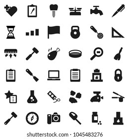 Flat vector icon set - broom vector, water tap, garbage pile, cook press, skimmer, spatula, meat hammer, sieve, chicken leg, corner ruler, pen, notebook pc, clipboard, compass, flag, flask, weight