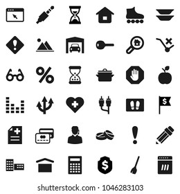 Flat vector icon set - broom vector, welcome mat, pan, plates, pencil, school building, glasses, apple fruit, calculator, sand clock, dollar flag, shield, roller Skates, heart cross, attention, rca