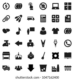 Flat vector icon set - broom vector, clothespin, trash bin, plates, shining window, scales, toaster, potato, cake, book, blackboard, calculator, notebook pc, school bus, music, exchange, arrow down