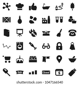 Flat vector icon set - broom vector, sponge, towel, bath, drying clothes, washing powder, garbage pile, oil, cook hat, blender, cereal, cake, glasses, presentation, constellation, dollar calendar