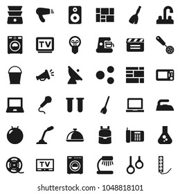 Flat vector icon set - broom vector, bucket, iron, washer, water tap, skimmer, double boiler, dish, backpack, table lamp, notebook pc, flask, fitball, gymnast rings, consolidated cargo, cinema clap