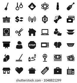 Flat vector icon set - broom vector, rake, pan, colander, microwave oven, plates, university, case, atom, notebook pc, exchange, credit card, presentation board, tie, boxing glove, heart monitor