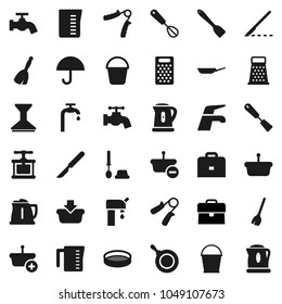Flat vector icon set - broom vector, water tap, bucket, car fetlock, toilet brush, pan, kettle, measuring cup, cook press, whisk, spatula, grater, sieve, case, hand trainer, umbrella, scalpel