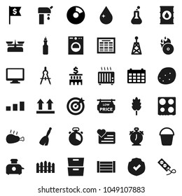 Flat vector icon set - broom vector, bucket, water drop, cook timer, oven, cereal, potato, chicken leg, oil, drawing compass, alarm clock, schedule, archive, pie graph, bank building, dollar flag