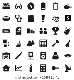 Flat vector icon set - broom vector, scoop, sponge, cleaning agent, water closet, knife, meat hammer, cutting board, sieve, chicken leg, glasses, compass, award cup, graph, annual report, calculator