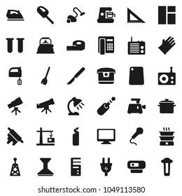 Flat vector icon set - broom vector, vacuum cleaner, car fetlock, iron, cleaning agent, rubber glove, pan, kettle, rolling pin, cutting board, mixer, corner ruler, telescope, table lamp, measuring