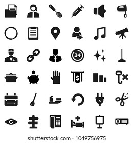 Flat vector icon set - broom vector, mop, shining, rubber glove, pan, skimmer, mixer, backpack, telescope, clipboard, presentation, music, piggy bank, manager, dollar flag, hoop, signpost, map pin