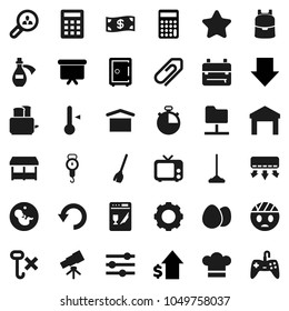Flat vector icon set - broom vector, mop, scales, cook hat, toaster, thermometer, egg, backpack, telescope, dollar growth, calculator, arrow down, presentation board, safe, stopwatch, dry cargo, tv