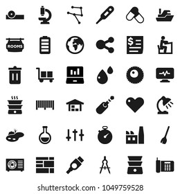 Flat vector icon set - broom vector, trash bin, double boiler, drawing compass, student, table lamp, laptop graph, stopwatch, pills, earth, ship, receipt, consolidated cargo, settings, heart, hdmi