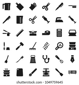 Flat vector icon set - broom vector, fetlock, rake, sponge, car, iron, toilet brush, rubber glove, measuring cup, cook press, whisk, spatula, meat hammer, cutting board, grater, double boiler, pen