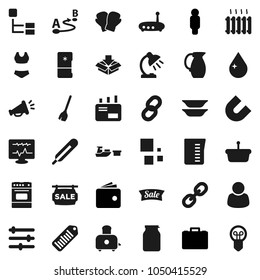 Flat vector icon set - broom vector, water drop, measuring cup, toaster, oven, plates, jug, jar, table lamp, magnet, wallet, case, man, boxing glove, swimsuite, port, barcode, route, link, equalizer