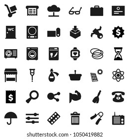 Flat vector icon set - broom vector, trash bin, water closet, glasses, case, atom, certificate, receipt, sand clock, dollar medal, hand trainer, muscule, heart monitor, fitness mat, hoop, satellite