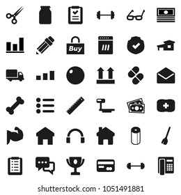 Flat vector icon set - broom vector, toilet paper, jar, pencil, ruler, glasses, award cup, graph, cash, barbell, fitball, muscule hand, first aid kit, bone, money, delivery, top sign, sorting, mail