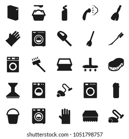 Flat vector icon set - broom vector, vacuum cleaner, bucket, sponge, car fetlock, steaming, washer, washing powder, cleaning agent, rubber glove