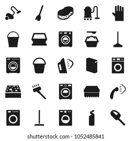 Flat vector icon set - broom vector, vacuum cleaner, mop, bucket, sponge, steaming, washer, washing powder, cleaning agent, rubber glove