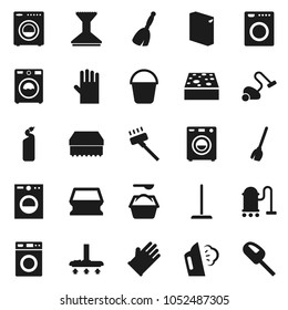 Flat vector icon set - broom vector, vacuum cleaner, mop, bucket, sponge, car fetlock, steaming, washer, washing powder, cleaning agent, rubber glove