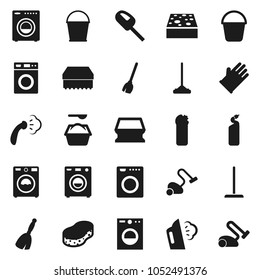 Flat vector icon set - broom vector, vacuum cleaner, mop, bucket, sponge, steaming, washer, washing powder, cleaning agent, rubber glove