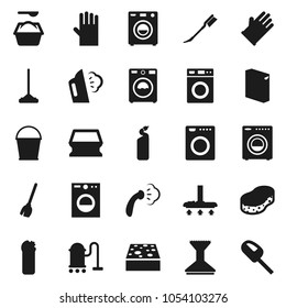 Flat vector icon set - broom vector, vacuum cleaner, mop, bucket, sponge, car fetlock, steaming, washer, washing powder, cleaning agent, rubber glove