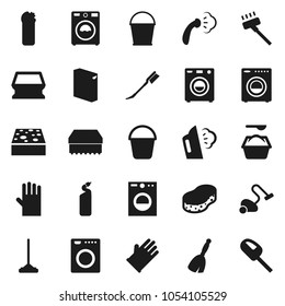 Flat vector icon set - broom vector, vacuum cleaner, mop, bucket, sponge, car fetlock, steaming, washer, washing powder, cleaning agent, rubber glove