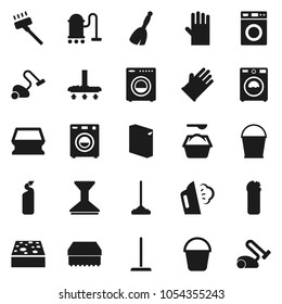 Flat vector icon set - broom vector, vacuum cleaner, mop, bucket, sponge, car fetlock, steaming, washer, washing powder, cleaning agent, rubber glove