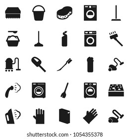 Flat vector icon set - broom vector, vacuum cleaner, mop, bucket, sponge, car fetlock, steaming, washer, washing powder, cleaning agent, rubber glove