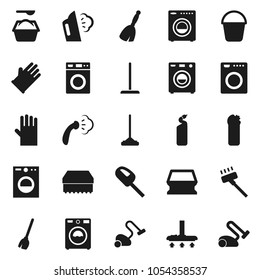 Flat vector icon set - broom vector, vacuum cleaner, mop, bucket, sponge, steaming, washer, washing powder, cleaning agent, rubber glove