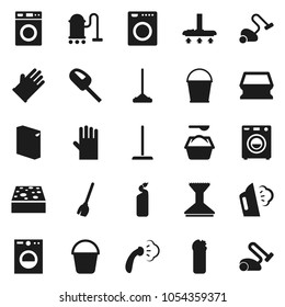 Flat vector icon set - broom vector, vacuum cleaner, mop, bucket, sponge, car fetlock, steaming, washer, washing powder, cleaning agent, rubber glove