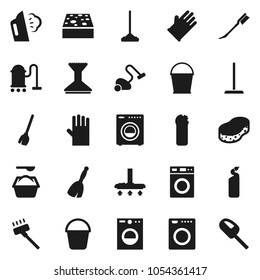 Flat vector icon set - broom vector, vacuum cleaner, mop, bucket, sponge, car fetlock, steaming, washer, washing powder, cleaning agent, rubber glove