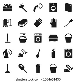 Flat vector icon set - broom vector, vacuum cleaner, mop, bucket, sponge, car fetlock, steaming, washer, washing powder, cleaning agent, rubber glove